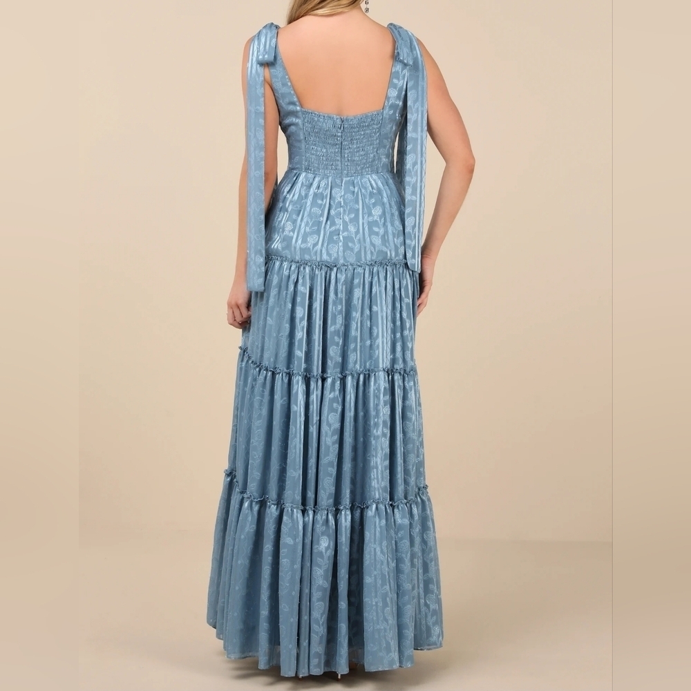Lulus Picturesque Allure Slate Blue Sleeveless Jacquard Tie-Strap Maxi Dress - Picture 4 of 11
